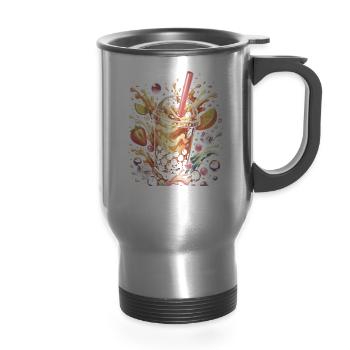 Bubble Tea Tapioca Beads Splash Art - 14 oz Travel Mug with Handle - silver - Front