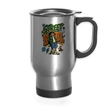 Street Soul Urban Streetwear Style - 14 oz Travel Mug with Handle - silver - Front