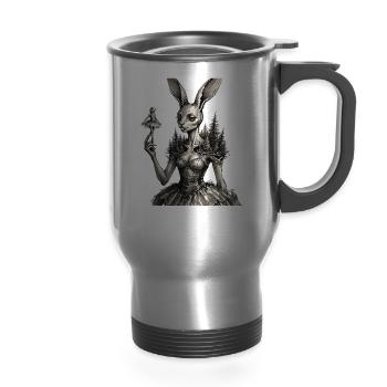 Gothic Rabbit Forest Witch – Dark Surreal Ballet  - 14 oz Travel Mug with Handle - silver - Front