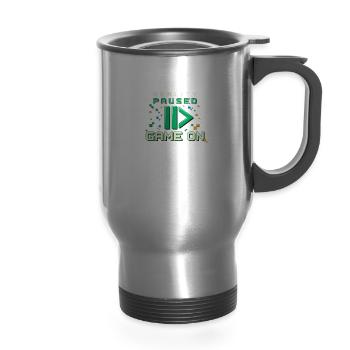 Reality Paused – Game On - 14 oz Travel Mug with Handle - silver - Front
