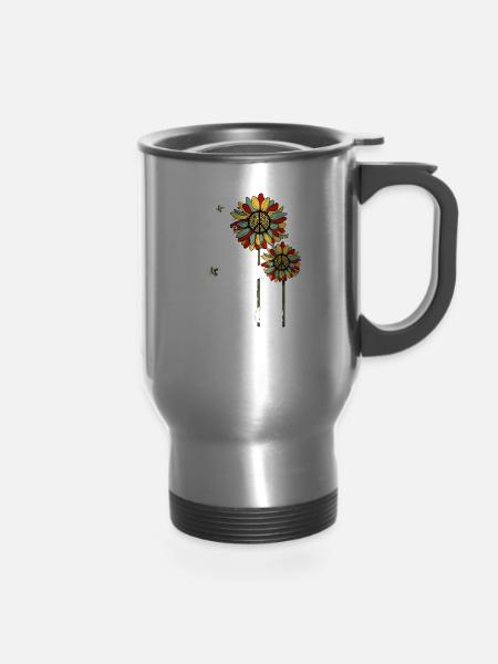 Hippie Imagine All The People Living Life In Peace - 14 oz Travel Mug with Handle - silver