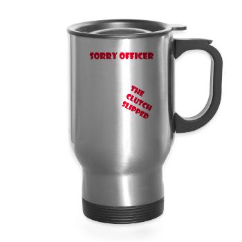 motorcycle stunt *SORRY OFFICER* - 14 oz Travel Mug with Handle - silver - Front