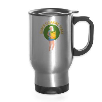 Beach Cleaning Team Beaches Clean Up Coast - 14 oz Travel Mug with Handle - silver - Front
