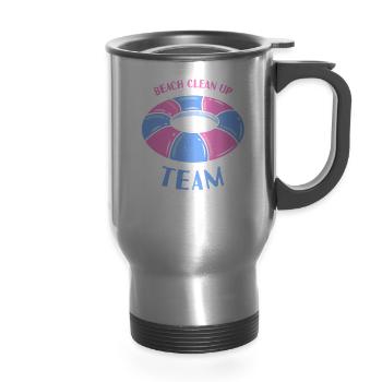 Beach Clean Up Team Beaches Cleaning Coast - 14 oz Travel Mug with Handle - silver - Front