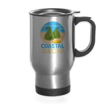 Coastal Clean Up Coast Beaches Cleaning Beach - 14 oz Travel Mug with Handle - silver - Front