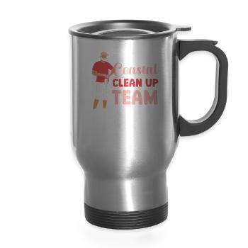 Coastal Clean Up Team Cleaning Beach Beaches - 14 oz Travel Mug with Handle - silver - Front