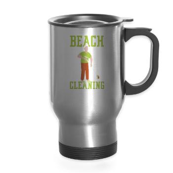 Beach Cleaning Clean Up Beaches Coast - 14 oz Travel Mug with Handle - silver - Front