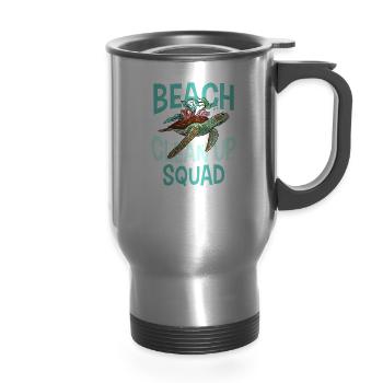Beach Clean Up Squad Coast Beaches Cleaning - 14 oz Travel Mug with Handle - silver - Front