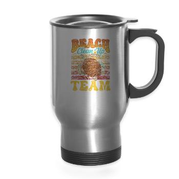 Beach Clean Up Team Coast Beaches Cleaning - 14 oz Travel Mug with Handle - silver - Front