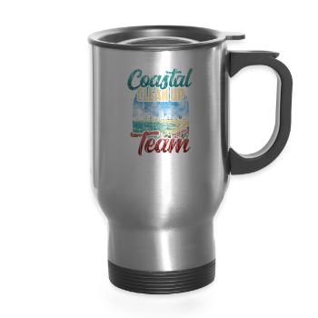 Coastal Clean Up Team Beaches Beach Cleaning - 14 oz Travel Mug with Handle - silver - Front