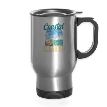 Coastal Clean Up Coast Beach Beaches Cleaning - 14 oz Travel Mug with Handle - silver - Front