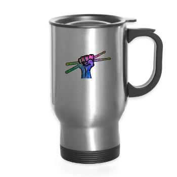 Drumsticks Fist Drummer Design - 14 oz Travel Mug with Handle - silver - Front