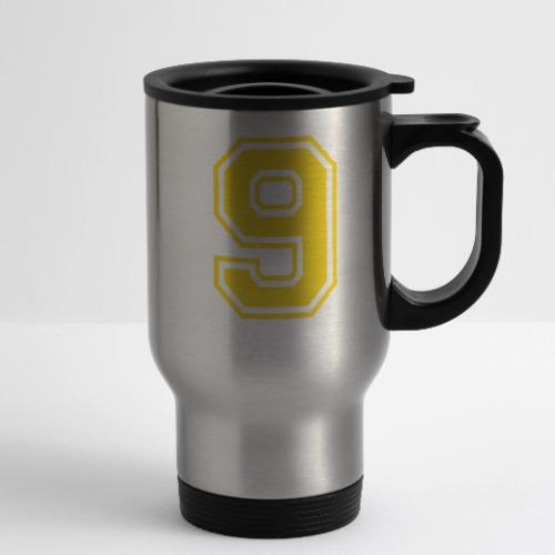 Number 9 in a classic athletic collegiate font - 14 oz Travel Mug with Handle