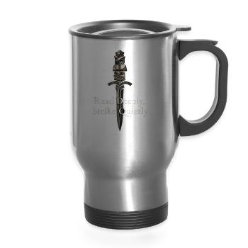 Read Deeply, Strike Quietly - 14 oz Travel Mug with Handle - silver - Front