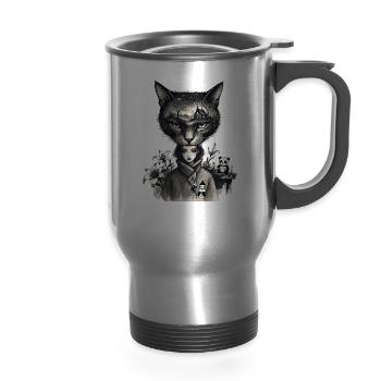 Gothic Girl Cat Hat – Dark Surreal House & Panda  - 14 oz Travel Mug with Handle - silver - Front