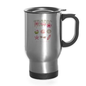 Pink Tropic Beach Girl Summer Aesthetic Sticker  - 14 oz Travel Mug with Handle - silver - Front