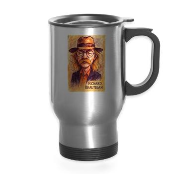 Richard Brautigan - Poet Portrait - 14 oz Travel Mug with Handle - silver - Front