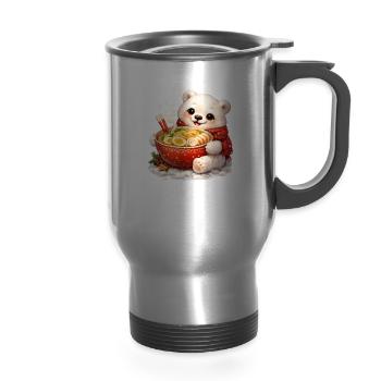 Kawaii Polar Bear Ramen Cozy Bowl - 14 oz Travel Mug with Handle - silver - Front