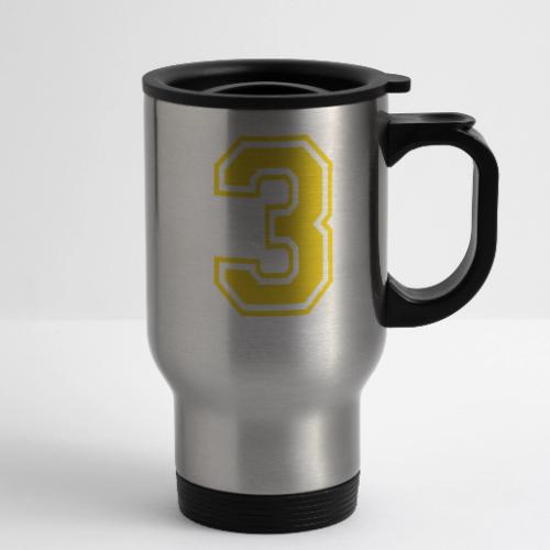Number 3 in a classic athletic collegiate font - 14 oz Travel Mug with Handle