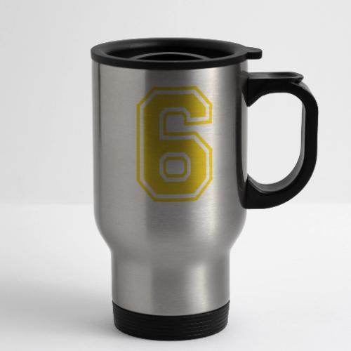 Number 6 in a classic athletic collegiate font - 14 oz Travel Mug with Handle