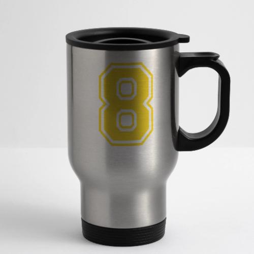 Number 8 in a classic athletic collegiate font - 14 oz Travel Mug with Handle
