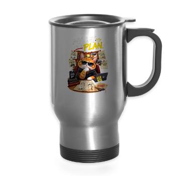 My Cat Has a Plan - 14 oz Travel Mug with Handle - silver - Front