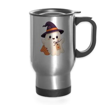 Cute Ghost Halloween Scrapbook Arts Crafts  - 14 oz Travel Mug with Handle - silver - Front
