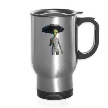 Alien with umbrella - 14 oz Travel Mug with Handle - silver - Front