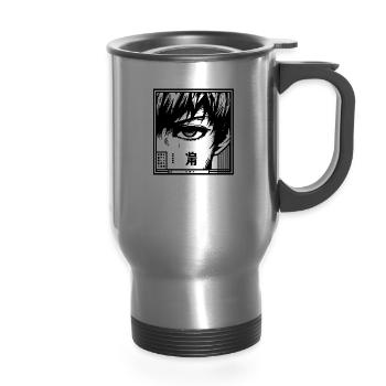 Monochrome Manga Art - 14 oz Travel Mug with Handle - silver - Front