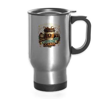Running on Caffeine & Chaos - 14 oz Travel Mug with Handle - silver - Front