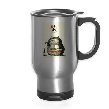 Noodle Cat Zen Bowl - 14 oz Travel Mug with Handle - silver - Front