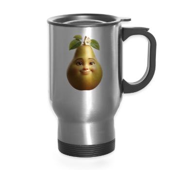 Cute Happy Pear 3D Character Tee - 14 oz Travel Mug with Handle - silver - Front