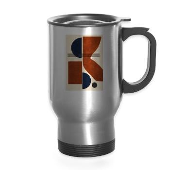 Midcentury Orange-Blue Geometry - 14 oz Travel Mug with Handle - silver - Front