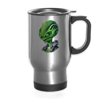Alien Portrait: Fascinating Face from Another - 14 oz Travel Mug with Handle - silver - Front
