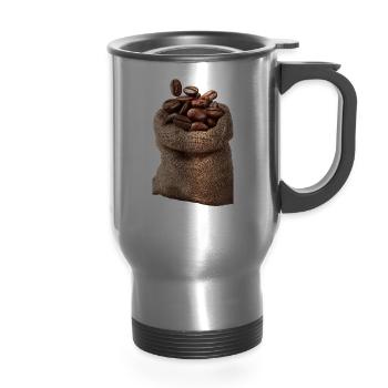 Coffee Beans in Burlap Sack - 14 oz Travel Mug with Handle - silver - Front