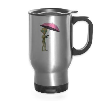 Alien with umbrella - 14 oz Travel Mug with Handle - silver - Front