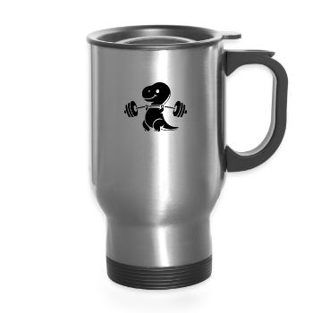 T-Rex with Dumbbell Workout - 14 oz Travel Mug with Handle - silver - Front