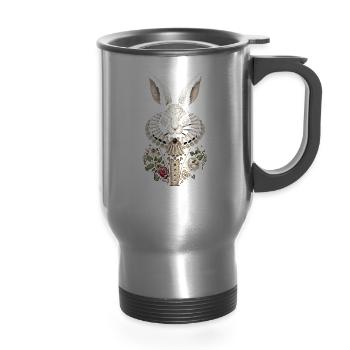 Vintage Victorian White Rabbit Gothic Art - 14 oz Travel Mug with Handle - silver - Front