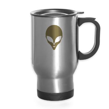 Alien Silhouette Head Face - 14 oz Travel Mug with Handle - silver - Front