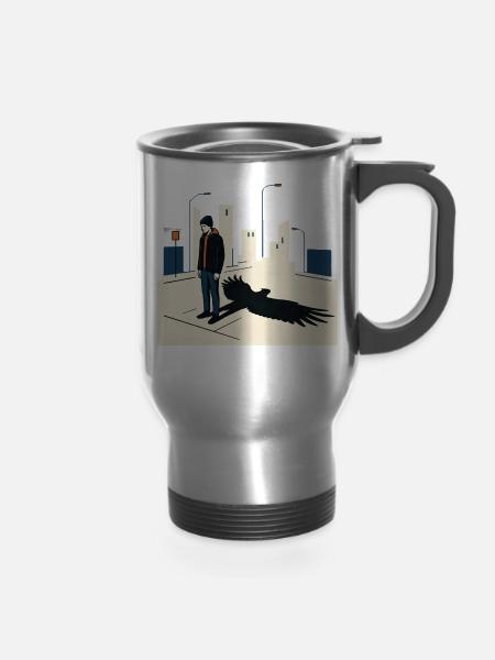 Man Standing with Eagle Shadow Urban Art - 14 oz Travel Mug with Handle - silver
