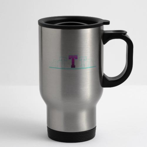 Letter T – Capital Varsity Alphabet Monogram - 14 oz Travel Mug with Handle
