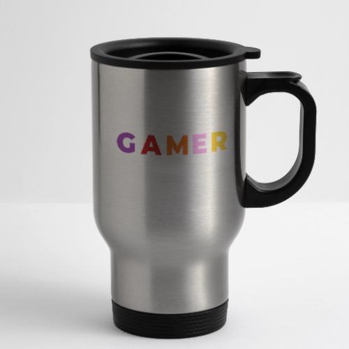 Multicolor GAMER Typography Design - 14 oz Travel Mug with Handle