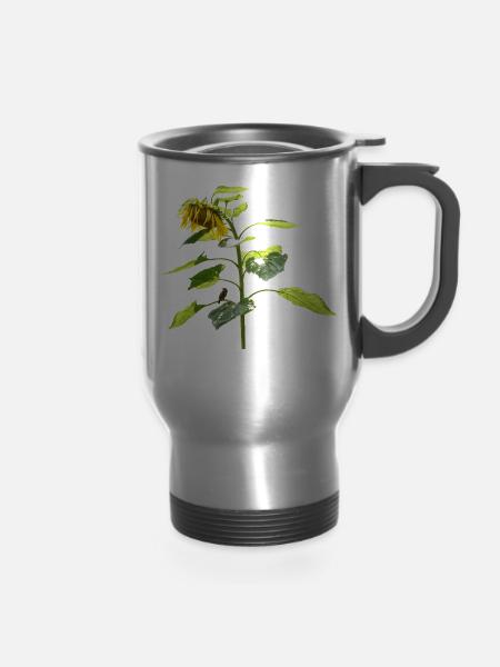 Sunflower and Sparrow - 14 oz Travel Mug with Handle - silver