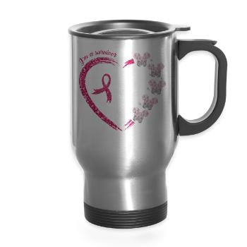 Pink Ribbon Heart Glitter - 14 oz Travel Mug with Handle - silver - Front