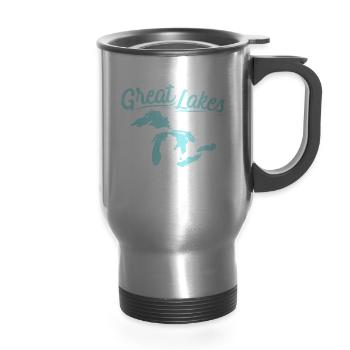 Lake The Great Lakes Silhouette USA Border Gift - 14 oz Travel Mug with Handle - silver - Front