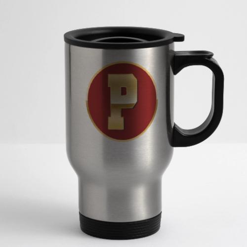 Letter P – Capital Varsity Alphabet Monogram - 14 oz Travel Mug with Handle