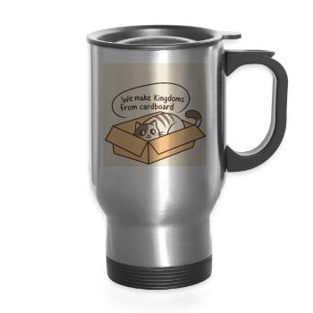 Whimsical Cat Cardboard Kingdom Design - 14 oz Travel Mug with Handle - silver - Front