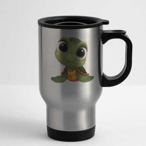 Cheerful Green Cartoon Sea Turtle with Big Eyes - 14 oz Travel Mug with Handle
