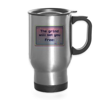 The Grind Will Set You Free Pixel Art - 14 oz Travel Mug with Handle - silver - Front