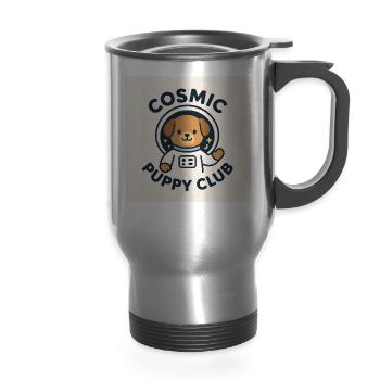 Cosmic Puppy Club Astronaut Dog Tee - 14 oz Travel Mug with Handle - silver - Front